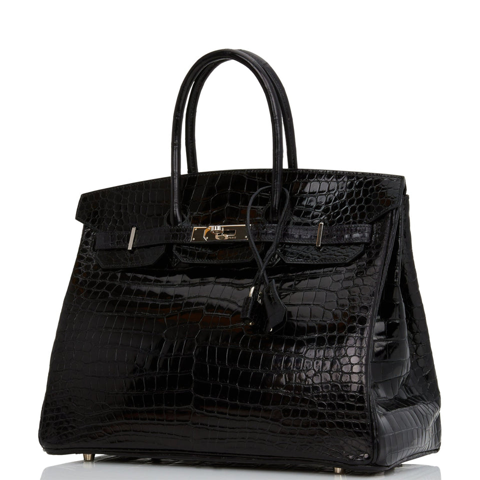 Hermes Birkin 35 Black Shiny Porosus Crocodile Palladium Hardware