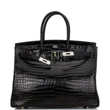 Hermes Birkin 35 Black Shiny Porosus Crocodile Palladium Hardware