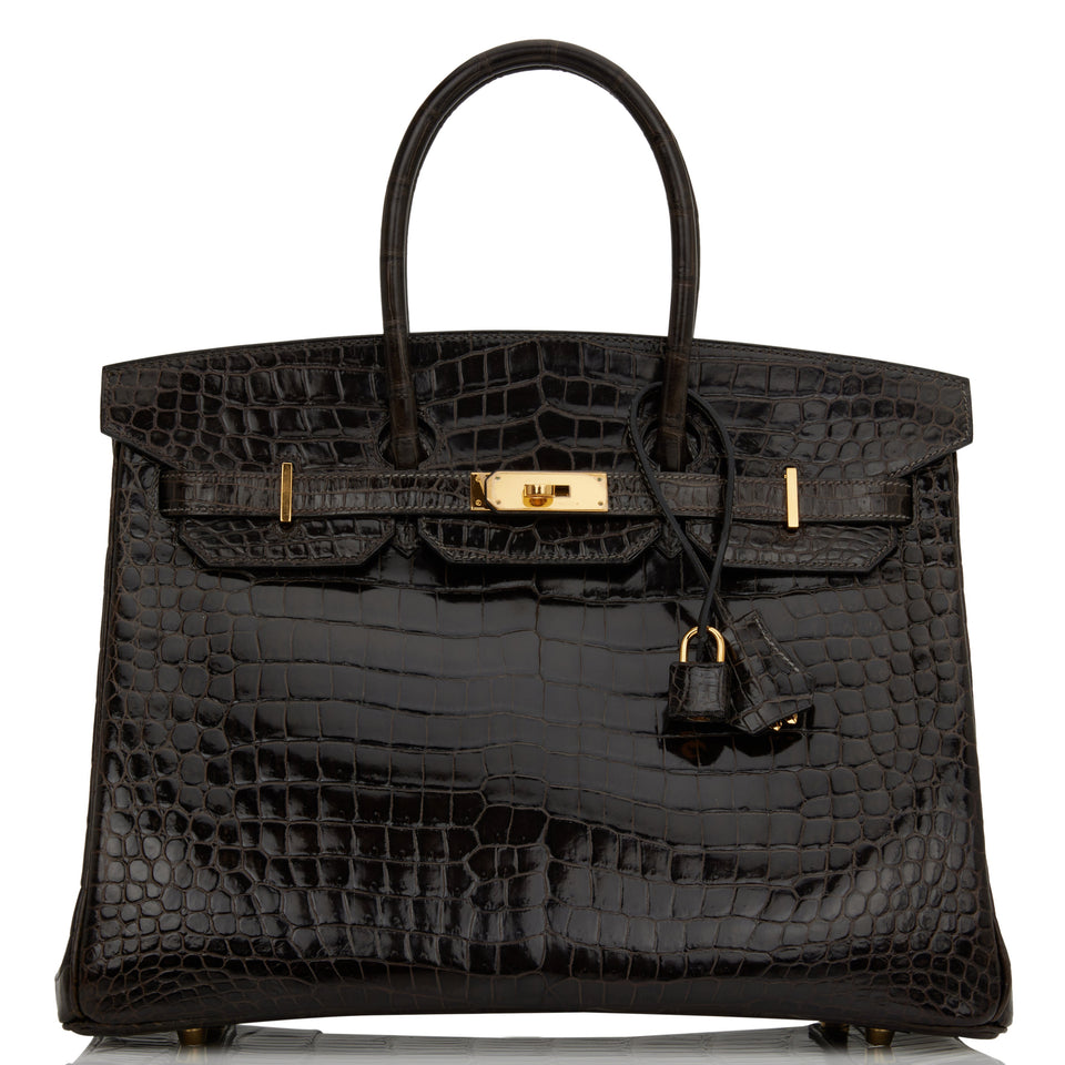 Hermes Birkin 35 Graphite Shiny Porosus Crocodile Gold Hardware