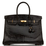 Hermes Birkin 35 Graphite Shiny Porosus Crocodile Gold Hardware