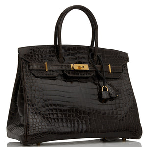 Hermes Birkin 35 Graphite Shiny Porosus Crocodile Gold Hardware