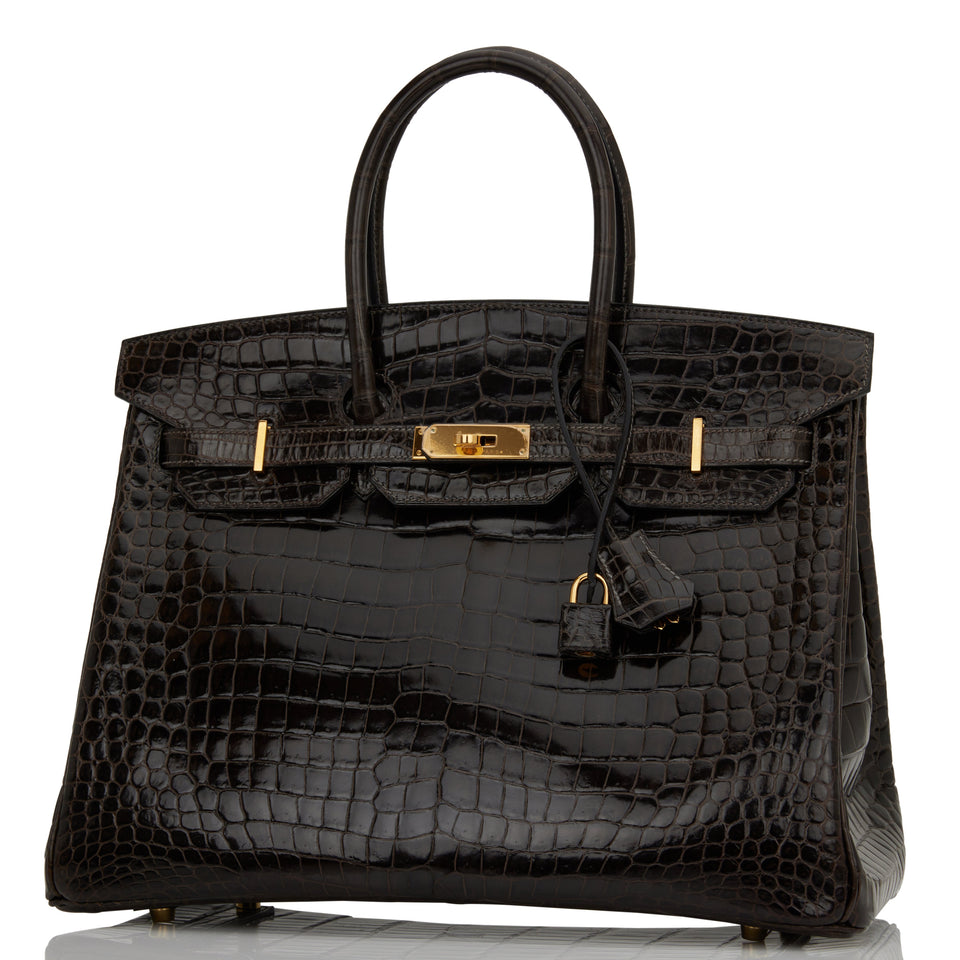 Hermes Birkin 35 Graphite Shiny Porosus Crocodile Gold Hardware