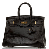 Hermes Birkin 35 Graphite Shiny Porosus Crocodile Gold Hardware