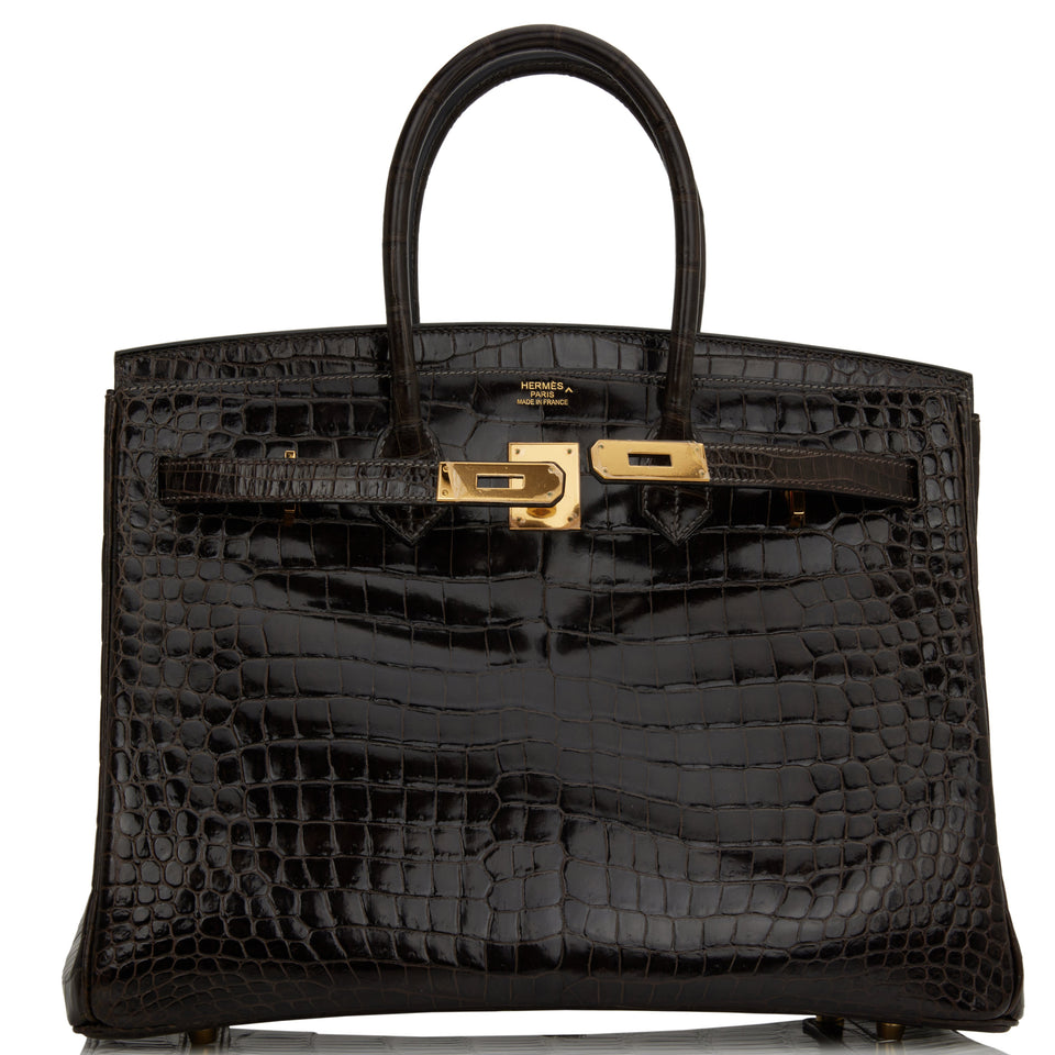 Hermes Birkin 35 Graphite Shiny Porosus Crocodile Gold Hardware