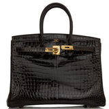 Hermes Birkin 35 Graphite Shiny Porosus Crocodile Gold Hardware