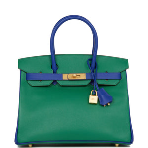 Hermes Special Order (HSS) Birkin 30 Vert Verone and Bleu Electric Epsom Brushed Gold Hardware