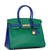 Hermes Special Order (HSS) Birkin 30 Vert Verone and Bleu Electric Epsom Brushed Gold Hardware