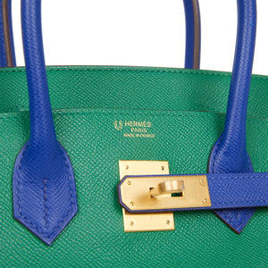 Hermes Special Order (HSS) Birkin 30 Vert Verone and Bleu Electric Epsom Brushed Gold Hardware