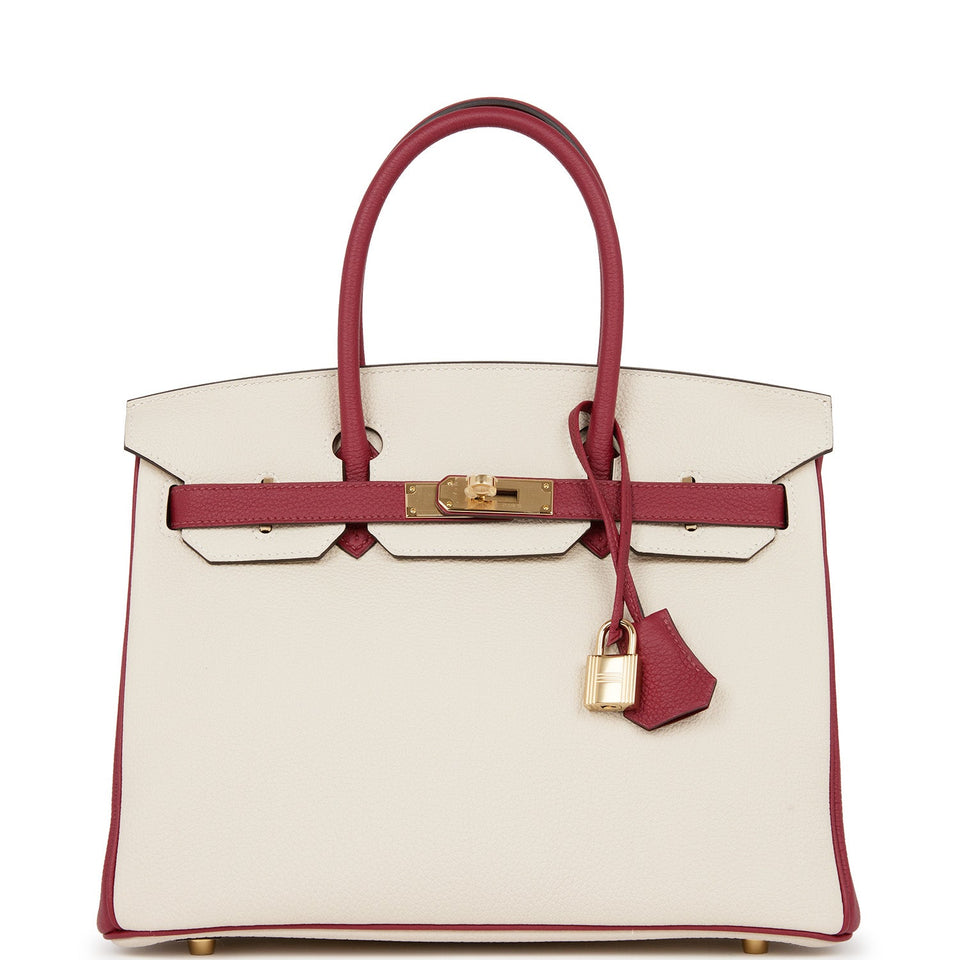 Hermes Special Order (HSS) Birkin 30 Craie and Rouge Grenat Togo Permabrass Hardware