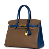 Hermes Special Order (HSS) Birkin 30 Etoupe and Bleu Saphire Chevre Brushed Gold Hardware