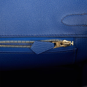 Hermes Special Order (HSS) Birkin 30 Etoupe and Bleu Saphire Chevre Brushed Gold Hardware