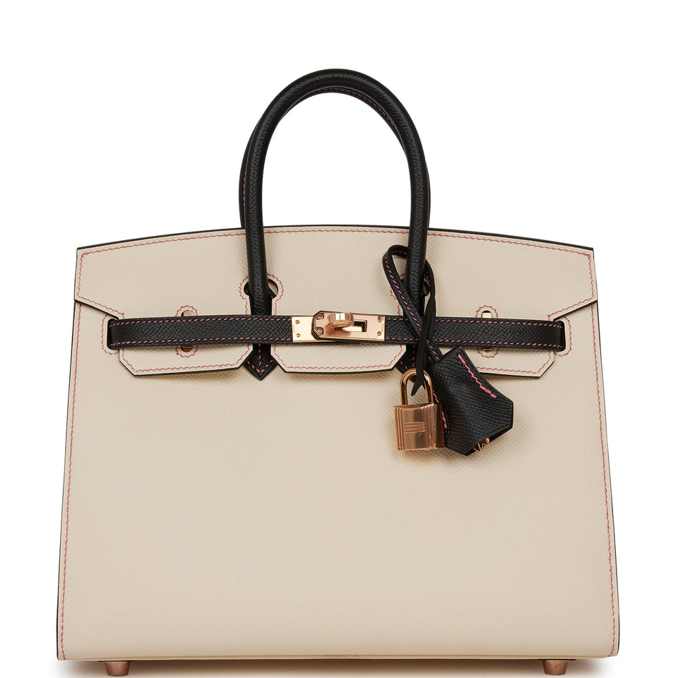 Hermes Special Order (HSS) Birkin Sellier 25 Nata and Black Epsom Rose Gold Hardware