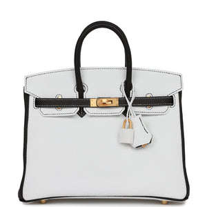 Hermes Special Order (HSS) Birkin 25 White and Black Clemence Brushed Gold Hardware