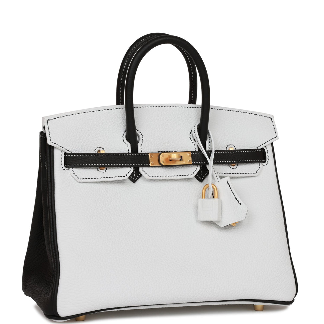 Hermes Special Order (HSS) Birkin 25 White and Black Clemence Brushed Gold Hardware