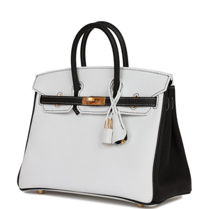 Hermes Special Order (HSS) Birkin 25 White and Black Clemence Brushed Gold Hardware