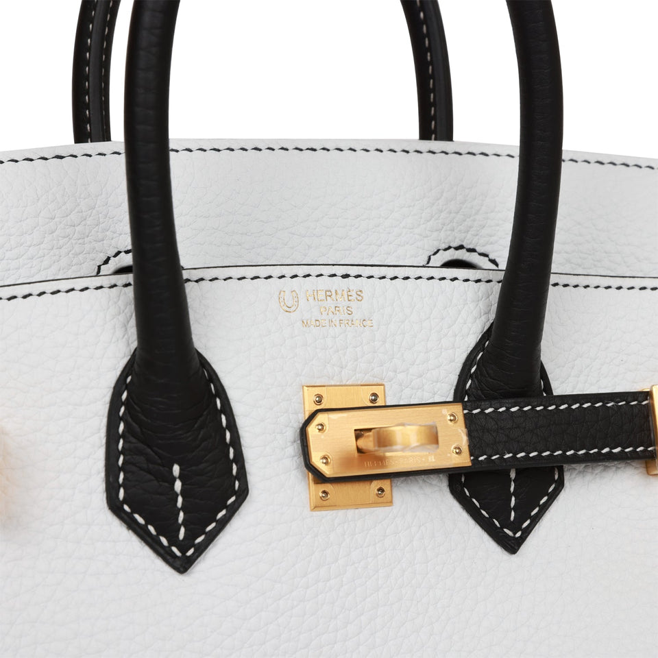 Hermes Special Order (HSS) Birkin 25 White and Black Clemence Brushed Gold Hardware