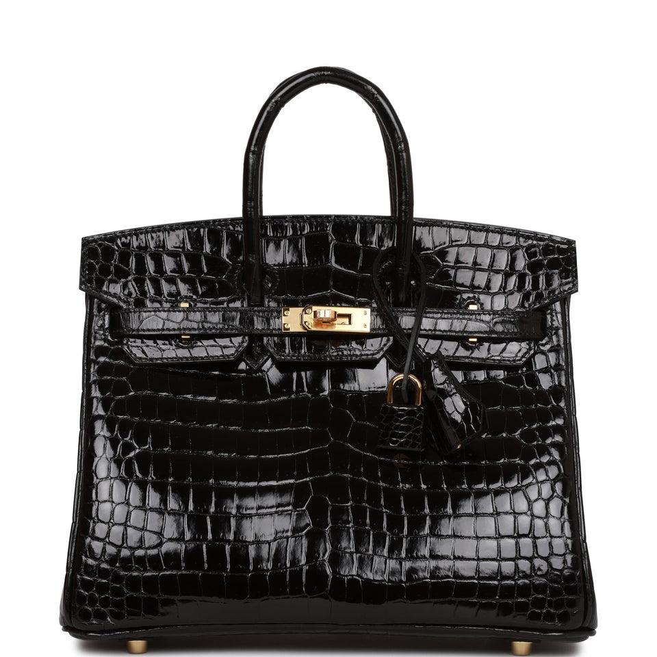 Hermes Birkin 25 Black Shiny Porosus Crocodile Gold Hardware