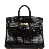 Hermes Birkin 25 Black Shiny Porosus Crocodile Gold Hardware