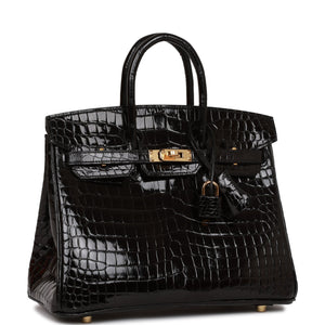 Hermes Birkin 25 Black Shiny Porosus Crocodile Gold Hardware