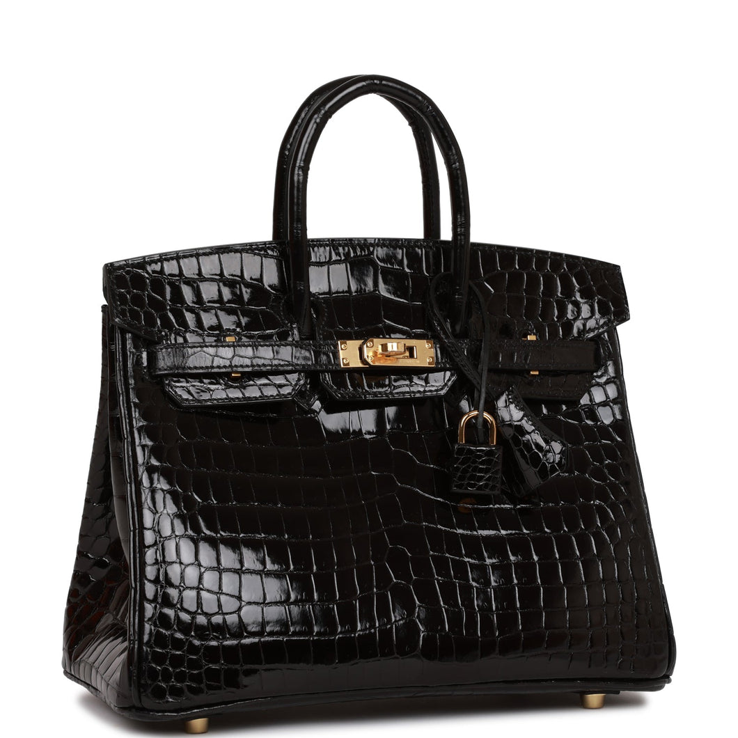 Hermes Birkin 25 Black Shiny Porosus Crocodile Gold Hardware