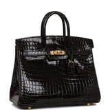 Hermes Birkin 25 Black Shiny Porosus Crocodile Gold Hardware