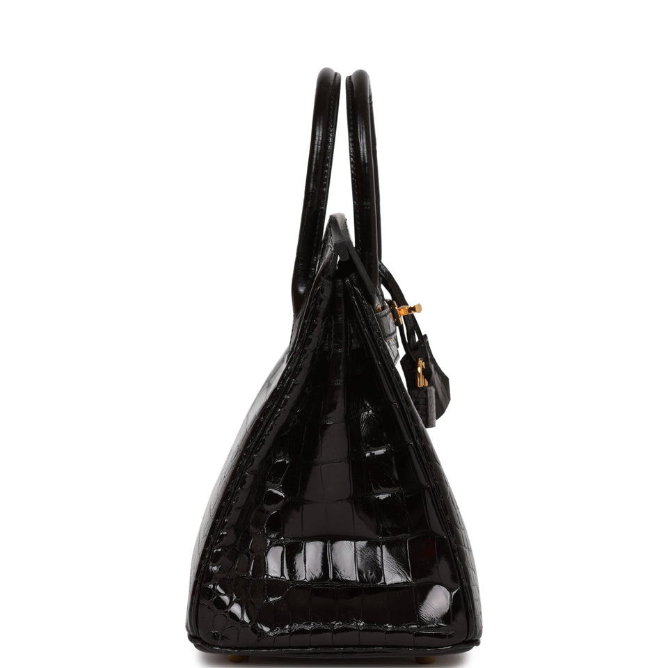Hermes Birkin 25 Black Shiny Porosus Crocodile Gold Hardware