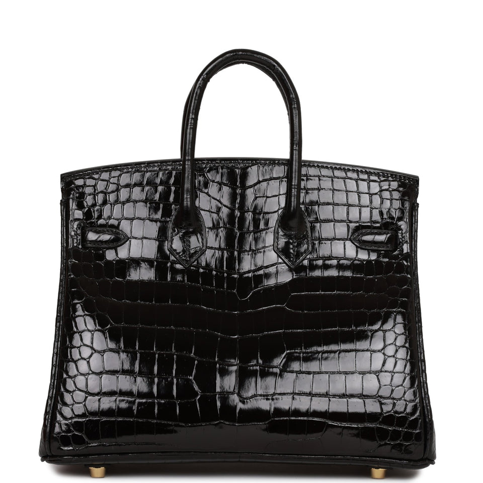 Hermes Birkin 25 Black Shiny Porosus Crocodile Gold Hardware