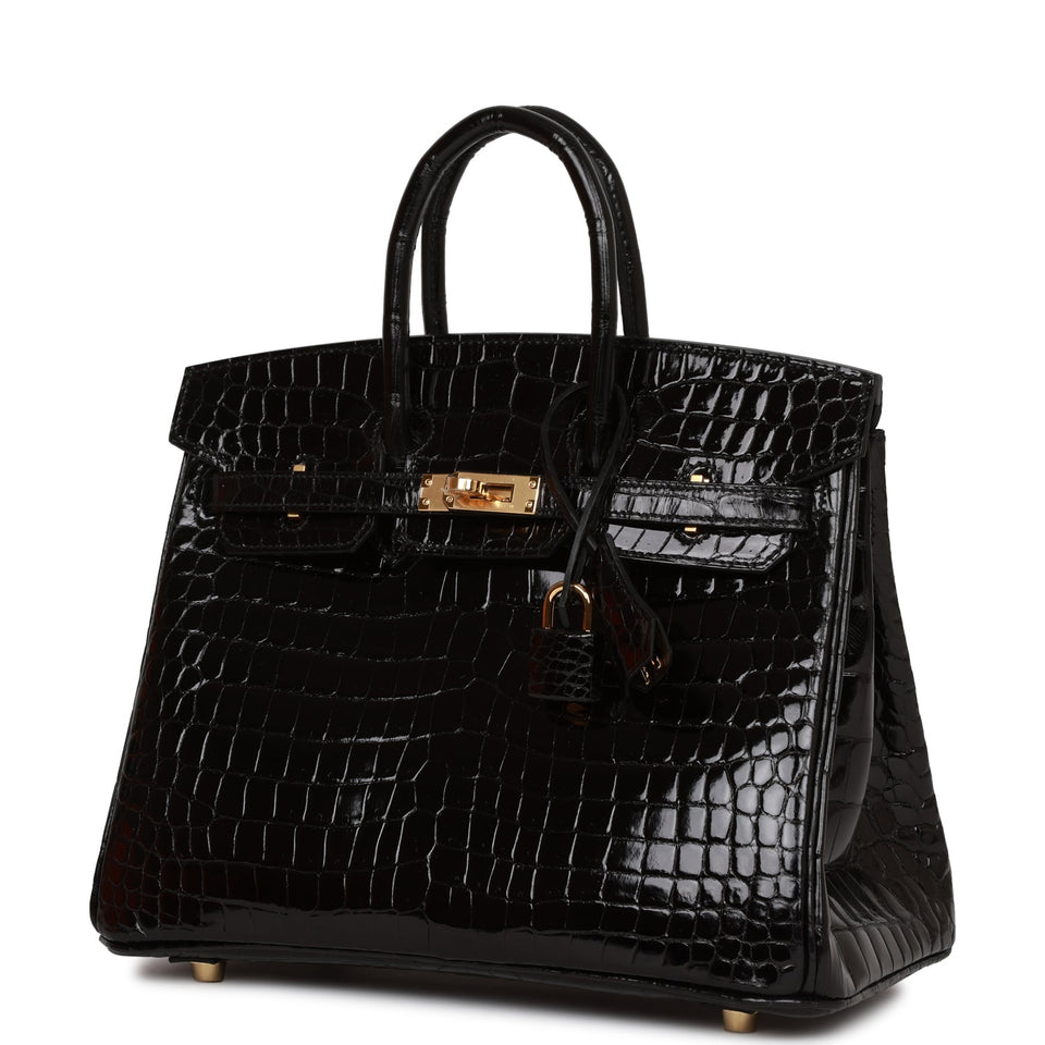 Hermes Birkin 25 Black Shiny Porosus Crocodile Gold Hardware