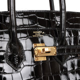 Hermes Birkin 25 Black Shiny Porosus Crocodile Gold Hardware