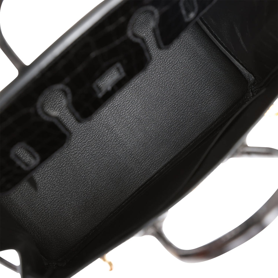 Hermes Birkin 25 Black Shiny Porosus Crocodile Gold Hardware