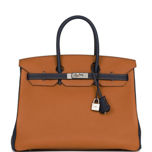 Hermes Special Order (HSS) Birkin 35 Gold and Bleu Nuit Togo Brushed Palladium Hardware