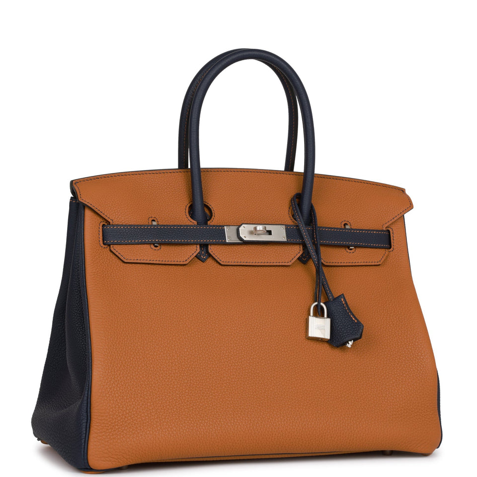 Hermes Special Order (HSS) Birkin 35 Gold and Bleu Nuit Togo Brushed Palladium Hardware