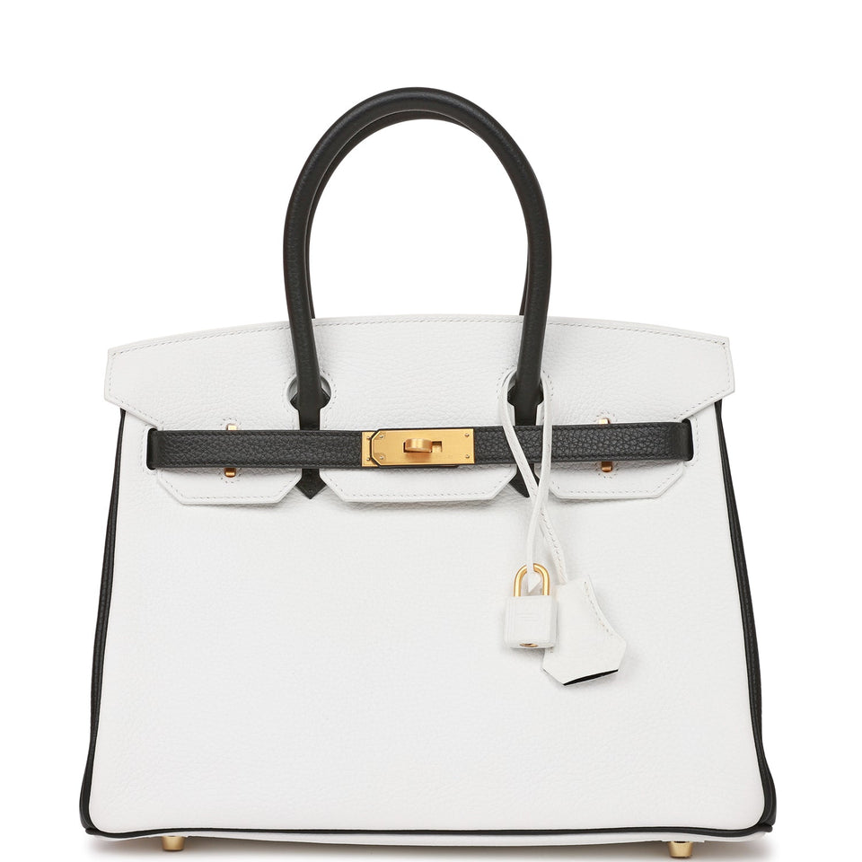 Hermes Special Order (HSS) Birkin 30 White and Black Clemence Brushed Gold Hardware