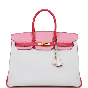 Hermes Special Order (HSS) Birkin 35 Rose Tyrien, Rose Lipstick and White Epsom Brushed Gold Hardware