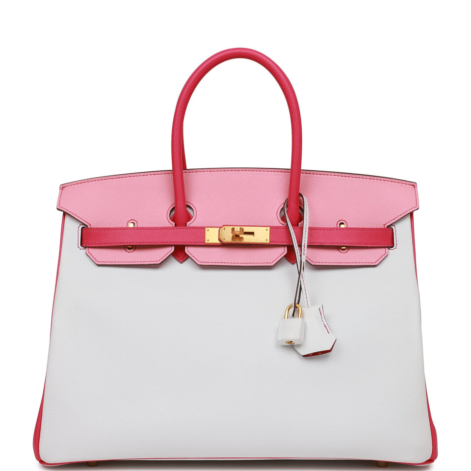 Hermes Special Order (HSS) Birkin 35 Rose Tyrien, Rose Lipstick and White Epsom Brushed Gold Hardware