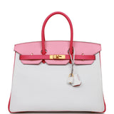 Hermes Special Order (HSS) Birkin 35 Rose Tyrien, Rose Lipstick and White Epsom Brushed Gold Hardware