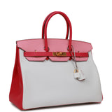 Hermes Special Order (HSS) Birkin 35 Rose Tyrien, Rose Lipstick and White Epsom Brushed Gold Hardware