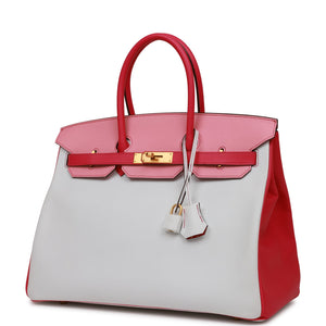 Hermes Special Order (HSS) Birkin 35 Rose Tyrien, Rose Lipstick and White Epsom Brushed Gold Hardware