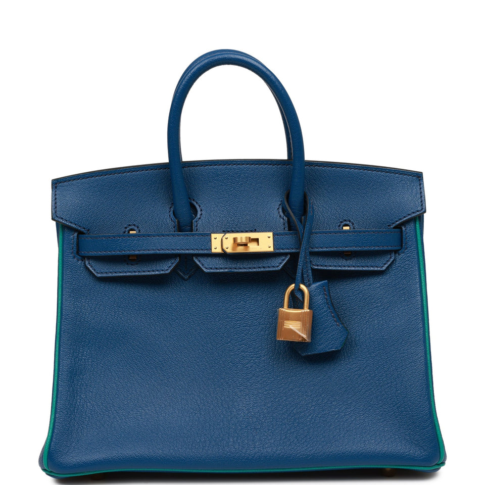 Hermes Special Order (HSS) Birkin 25 Bleu Saphir and Vert Vertigo Chevre Brushed Gold Hardware