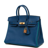 Hermes Special Order (HSS) Birkin 25 Bleu Saphir and Vert Vertigo Chevre Brushed Gold Hardware