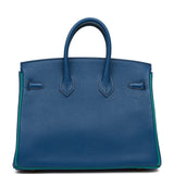 Hermes Special Order (HSS) Birkin 25 Bleu Saphir and Vert Vertigo Chevre Brushed Gold Hardware