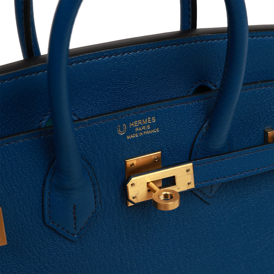 Hermes Special Order (HSS) Birkin 25 Bleu Saphir and Vert Vertigo Chevre Brushed Gold Hardware