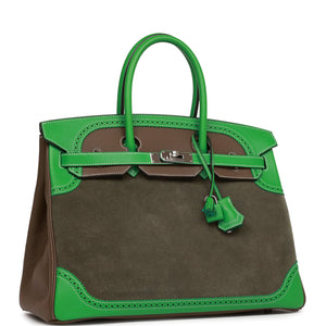 Hermes Grizzly Ghillies Birkin 35 Vert de Gris, Bambou and Taupe Doblis Palladium Hardware