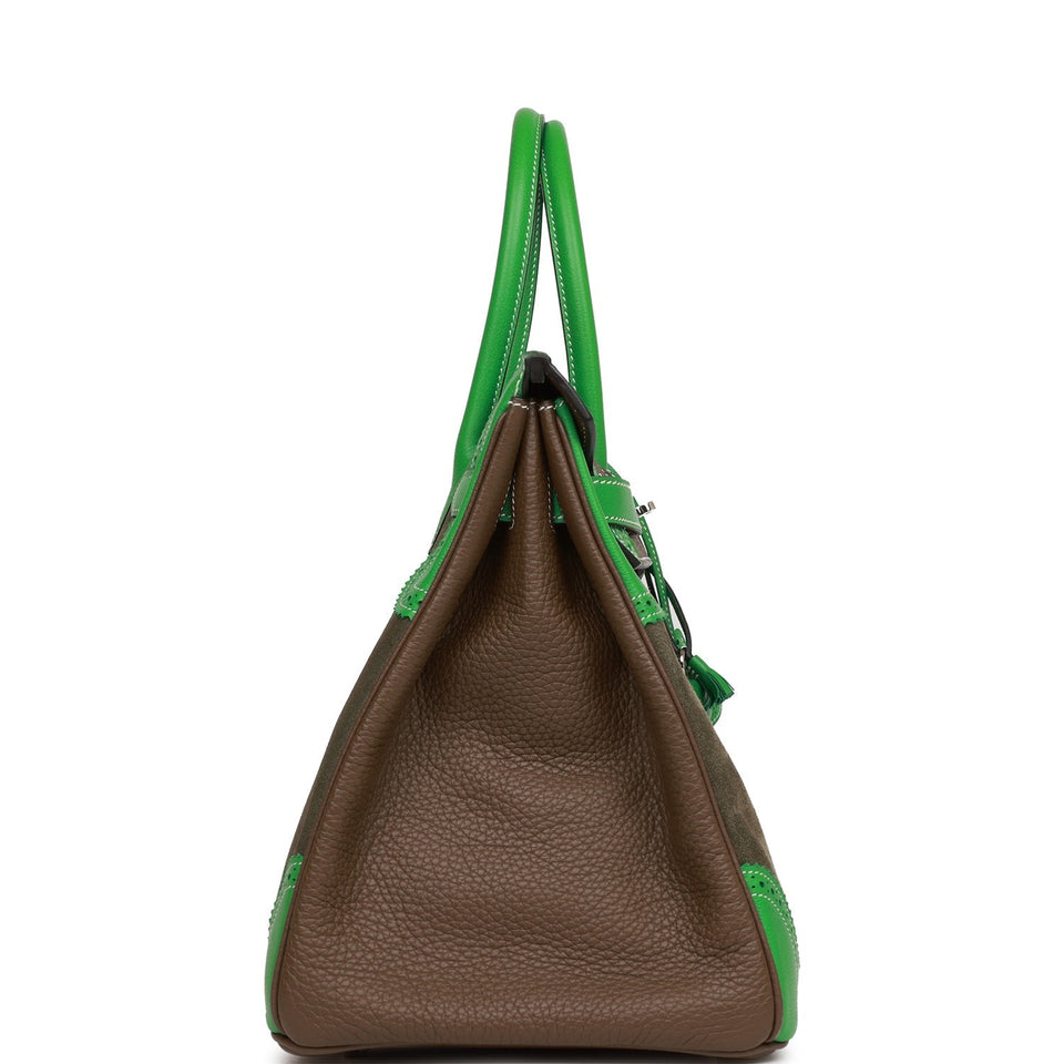 Hermes Grizzly Ghillies Birkin 35 Vert de Gris, Bambou and Taupe Doblis Palladium Hardware