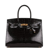 Hermes Birkin Sellier 30 Black Shiny Porosus Crocodile Gold Hardware