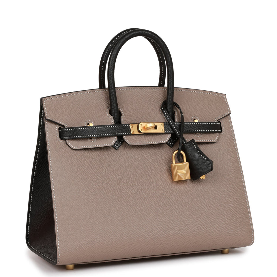 Hermes Special Order (HSS) Birkin Sellier 25 Etoupe and Black Epsom Brushed Gold Hardware