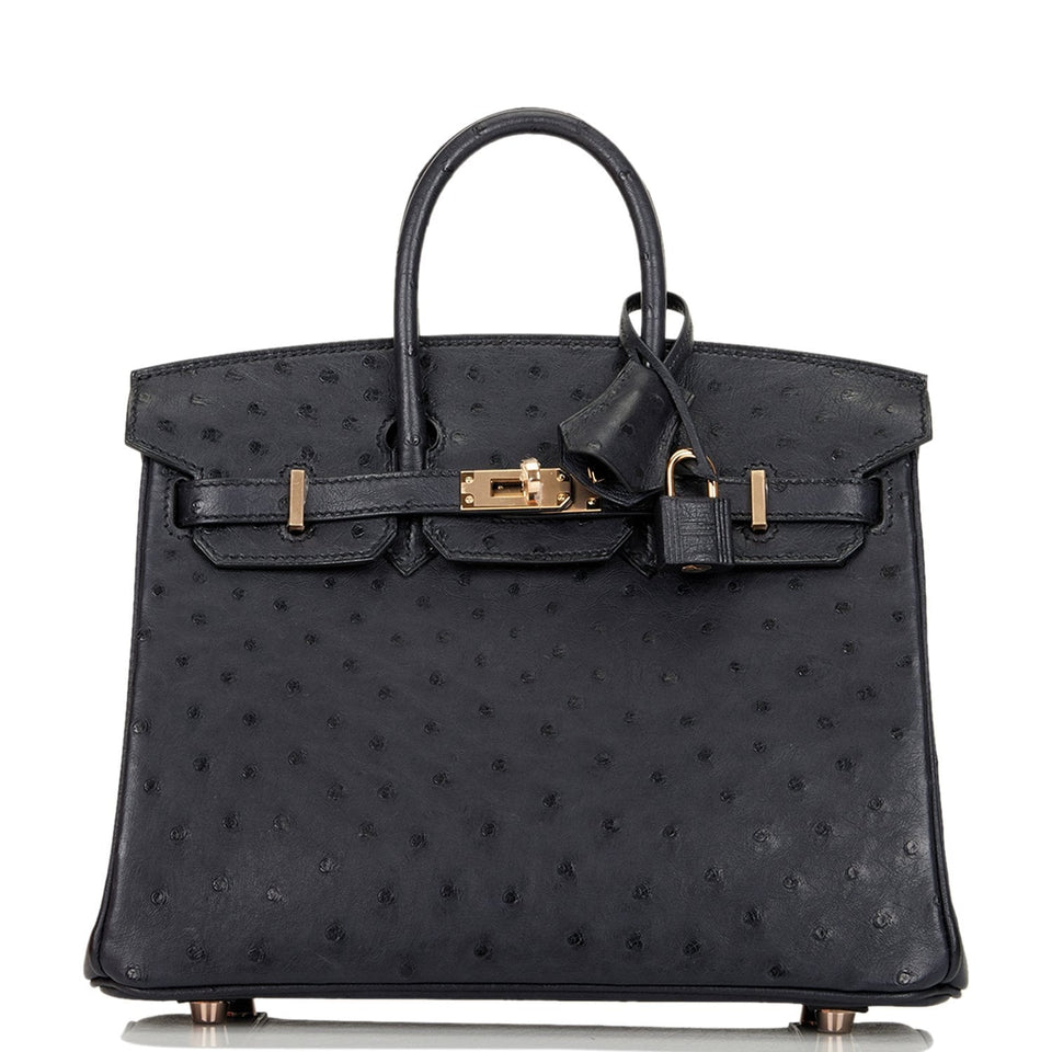 Hermes Birkin 25 Bleu Indigo Ostrich Rose Gold Hardware
