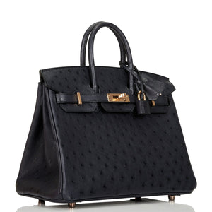 Hermes Birkin 25 Bleu Indigo Ostrich Rose Gold Hardware