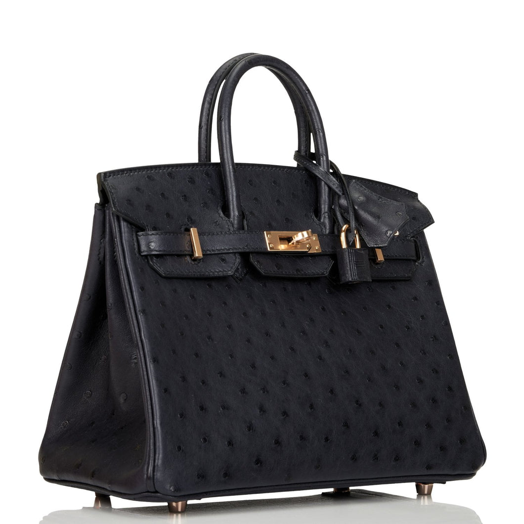 Hermes Birkin 25 Bleu Indigo Ostrich Rose Gold Hardware