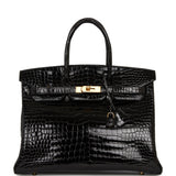 Hermes Birkin 35 Black Shiny Porosus Crocodile Gold Hardware